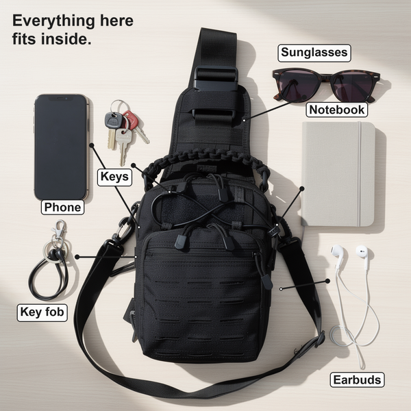 OmniFlint black water-repellent sling bag with phone, keys, sunglasses, journal and earphones laid out on a sand background