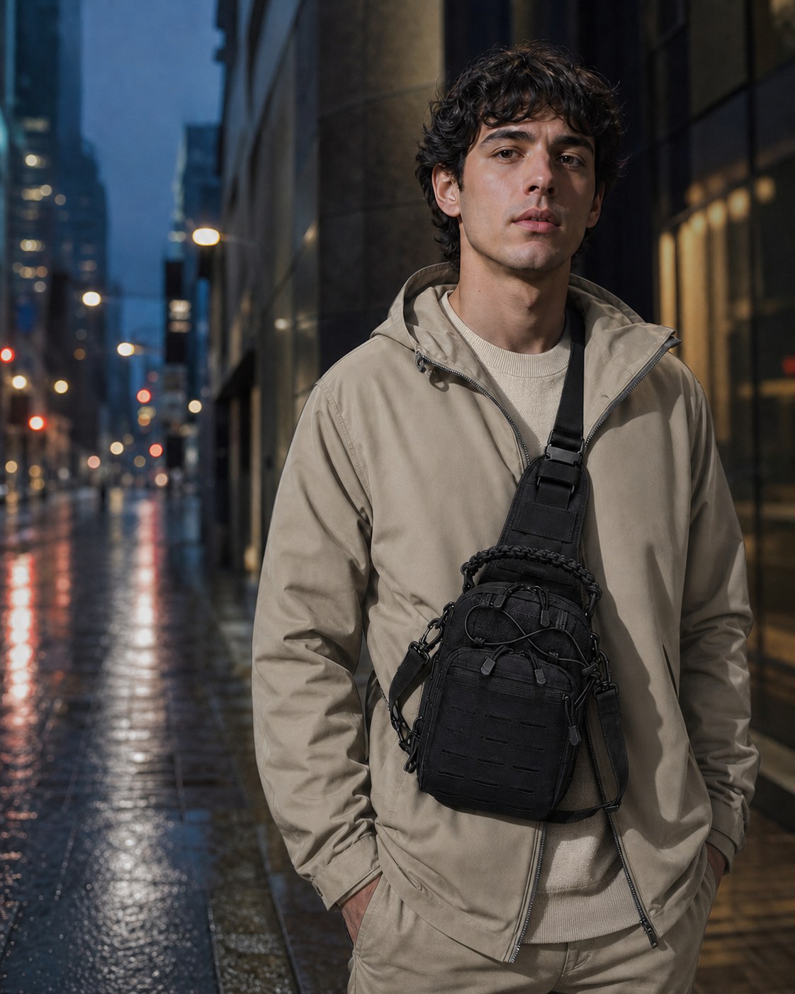 A person wearing the OmniFlint urban sling bag on a rainy city street at dusk